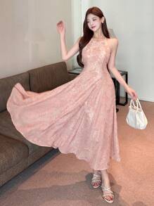 DAZY Solid Color Round Neck Sleeveless Midi Dress For Women Sundress - Pink - View 7