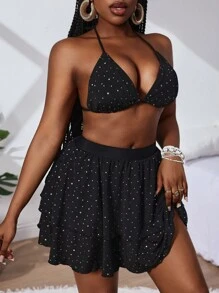 Slaydiva Contrast Sequin Halter Top And Ruffle Hem Skirt Women's Bikini Swimwear Set , For Summer Beach Vacation - Black - View 6
