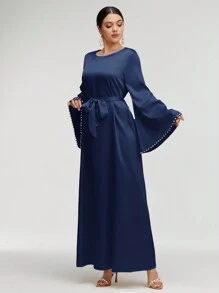 Al Najma Women's Elegant Solid Color Flare Sleeve Long Dress, Spring/Summer, Modest Elegant A Line Arabian Dresses, For Evening Party/Wedding Guest/Anniversary/Daily Wear - Navy Blue - View 7