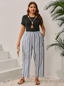 EMERY ROSE Pantalones largos simples con cintura elástica y botones a rayas, de talla grande, casuales para uso diario, conjuntos de verano para mujer/verano, ropa de mujer para vacaciones tropicales - Azul - Ver 4