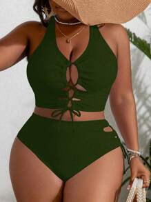 SHEIN Slayr CURVE Summer Plus Size Solid Color Front Tie Bikini Top And Bottom Swimwear Set - Army Green - View 5