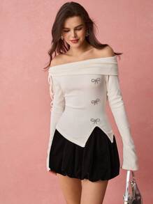 Enchnt Women's Solid Color Off Shoulder Long Sleeve Top, Minimalist Casual Everyday Wear