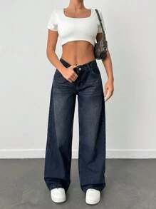 EURMUSE 100% Cotton LOW RISE WIDELEG CUT VINTAGE WASH Y2K STYLE JEAN - Dark Wash - View 3