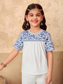 SHEIN Young Girl Casual Matching Mother-Daughter Floral Print Tee,Suitable For Spring And Summer, Perfect For Vacations - White - View 3
