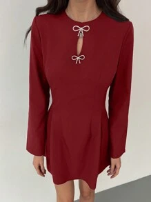 Aloruh Women's Elegant Rhinestone Bow Decor Round Neck Long Sleeve Dress - Burgundy - View 6