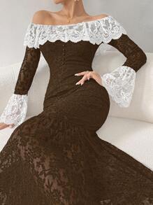 Modelyn 女士优雅蕾丝拼接露肩喇叭袖美人鱼连衣裙长款晚礼服 - 棕色 - 查看 8