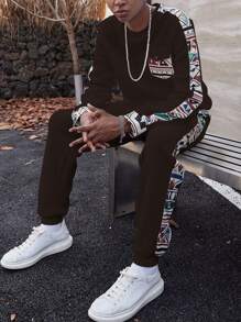 Manfinity Hypemode Men's Solid Color Splice Crew Neck Long Sleeve Top And Long Pants Set, Minimalist Style - Brown - View 1