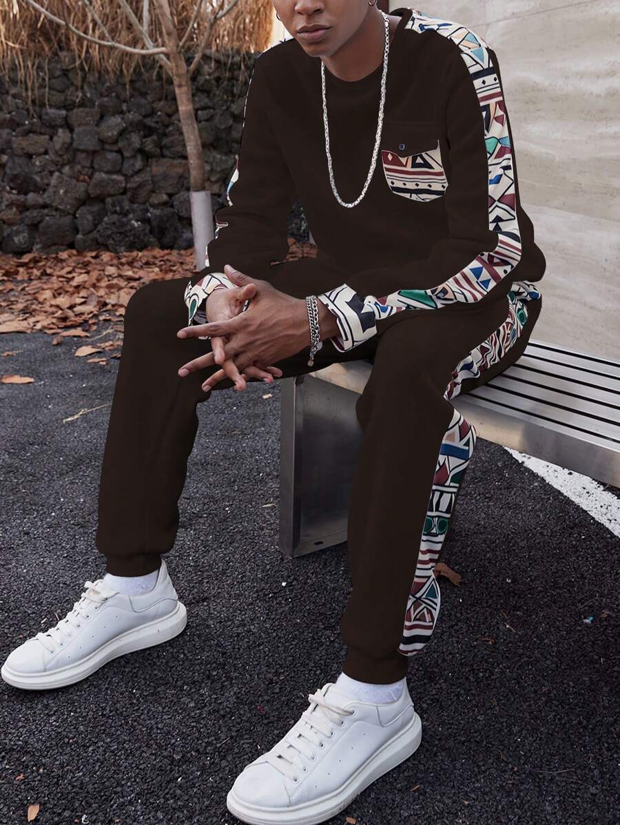 Manfinity Hypemode Men's Solid Color Splice Crew Neck Long Sleeve Top And Long Pants Set, Minimalist Style - Brown - View 1