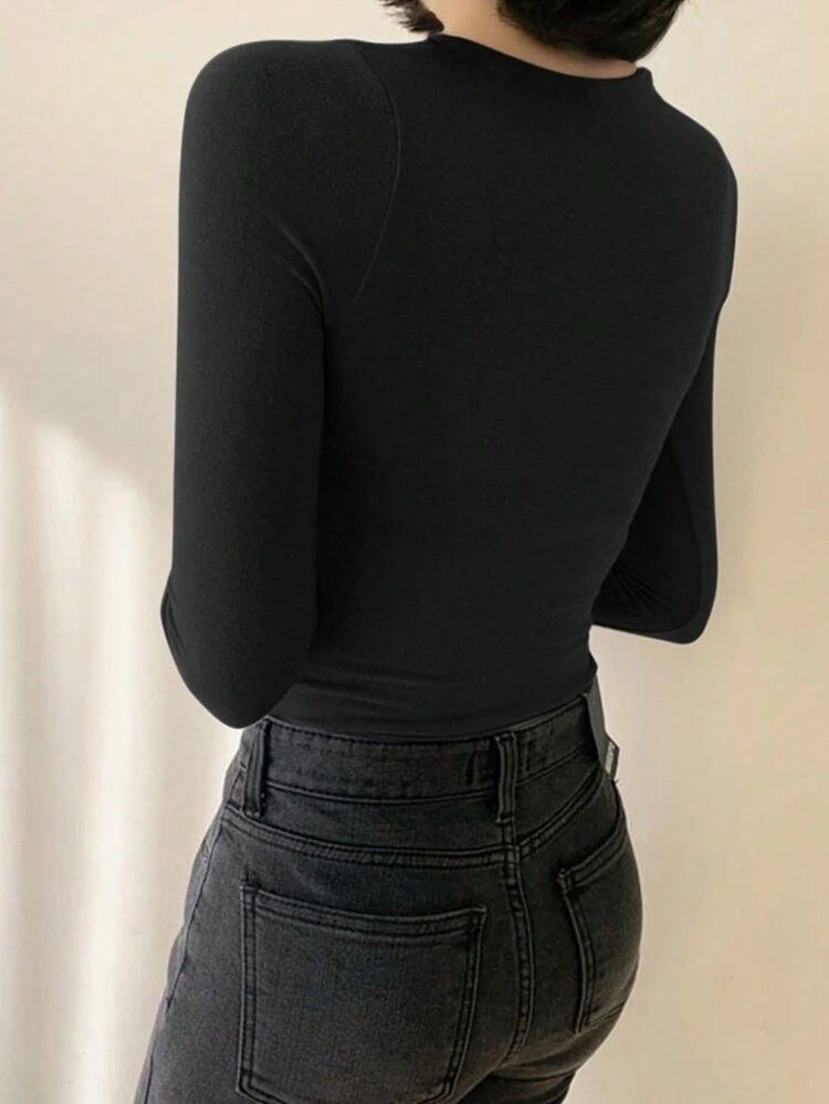 Women Casual Solid Color Slim Fit T-Shirt, Autumn/Winter Preppy Tops Long Sleeve Women Tops,Fall Women Clothes