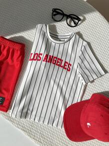 SHEIN 2pcs/Set Young Boys Casual Fashion Street Loose Letter Print Striped Round Neck Short Sleeve T-Shirt And Solid Color Shorts Knit Sports Suit, Suitable For Spring/Summer, Daily, Sports, Outing, School, Party, Festival, Photo Shooting - Red - View 4
