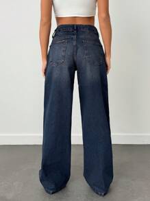 EURMUSE 100% Cotton LOW RISE WIDELEG CUT VINTAGE WASH Y2K STYLE JEAN - Dark Wash - View 2