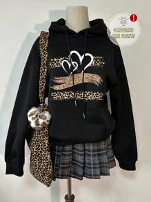 Attitoon Casual Minimalist Printed Drawstring Hooded Loose Fit Thick Sweatshirt, Leopard Print Pattern, For Women, Autumn/Winter - Black - View 6