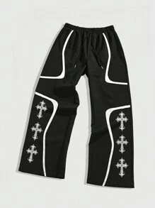 ROMWE MEN Goth Men's Cross Print Drawstring Waist Wide Leg Casual Pants