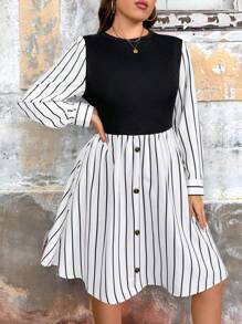 SHEIN LUNE Plus Size Women Patchwork Striped Casual Midi Dress - Multicolor - View 3
