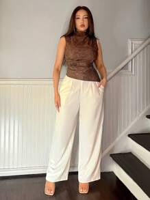 SHEIN Privé Women Elegant Minimalist Daily Fashion Commute Sexy Leather Pleat Asymmetric Hem Fitted Camisole Top - Mocha Brown - View 5