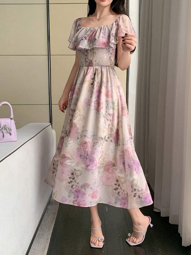 Women's All Over Print Floral Mid-Length Shirred Floral Dress Sundress Off The Shoulder Boho