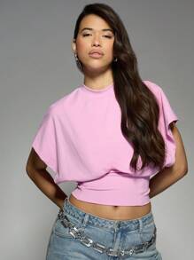 MISSGUIDED 收腰短款上衣短袖 T 恤休闲立领松紧腰带柔软轻便夏季春季时尚日常必备