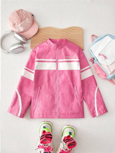 SHEIN City Style Comfy Stand Collar Girls Faux Leather Jacket Contrast Color Block Striped, Suitable For Urban Street Fashion & Casual Everyday Wear