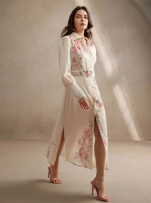Anewsta 女士灯笼袖花卉印花收腰连衣裙，度假风格春季时尚 - 杏色 - 查看 4