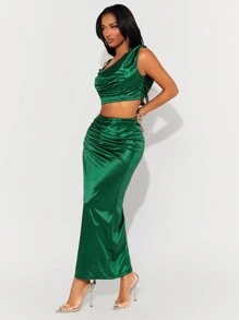 SHEIN SXY Spring And Summer New Year Wedding Season Elegant Romantic Valentine Day Dating Essentials Green Satin Asymmetrical Swing Neck Halter Short Vest Top And High Waist Pleated High Slit Long Skirt Two-Piece Set - Green - View 3