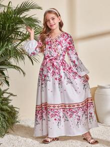 SHEIN Leap Crew Tween 女童花卉印花交叉 V 领长袖收腰连衣裙，优雅长裙，白色连衣裙，玫瑰花朵印花，波西米亚风，休闲，度假，旅行 - 彩色 - 查看 7