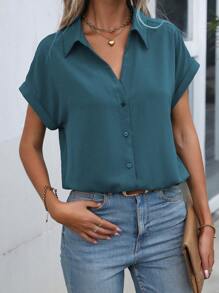 EMERY ROSE 1 件女式纯色长袖衬衫，简约时尚休闲日常穿着 - 水鴨藍 - 查看 7