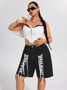 SHEIN ICON Street Fashion Lace-Up Washed Non-Stretch Denim Shorts - Black - View 5