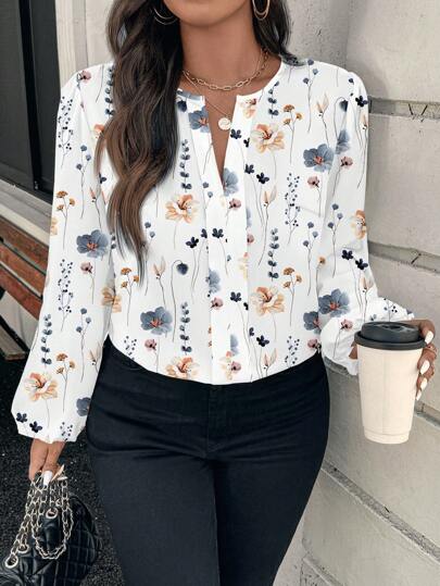 SHEIN Clasi Plus Size V-Neck Long Sleeve Floral Print Casual Shirt Autumn And Winter Chic Blouses For Women