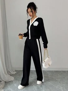 Set de 2 piezas de top y pantalones casuales de unicolor con mangas largas para mujeres - Blanco y Negro - Ver 5