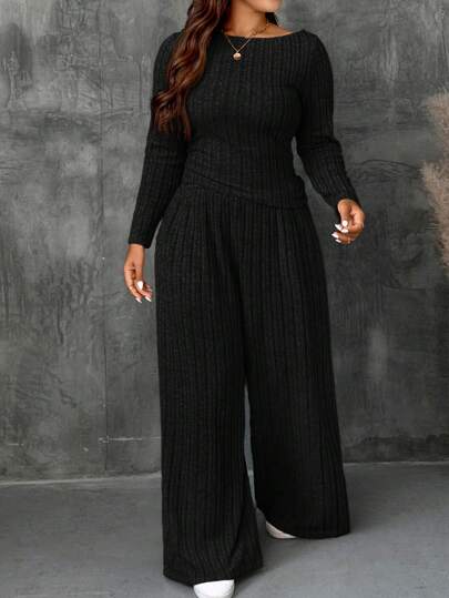 SHEIN VCAY Plus Size Jesień I Zima Damski Dzianinowy Dopasowany Top + Szerokie Spodnie Nogawki Swobodny I Wygodny Domowy Ciemnoszary Dwuczęściowy Zestaw