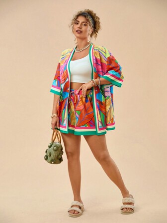 Travachic Plus Size Boho Summer Colorful Leaf Print Kimono Shirt And Shorts 2 Pieces Beach Set For Women,Holiday Outfits Boho