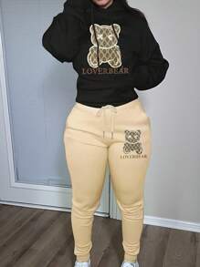 INAWLY Bộ 2 món áo hoodie in hình gấu cỡ lớn cho nữ và quần nỉ có dây rút, thường ngày - Nhiều màu - Xem 1