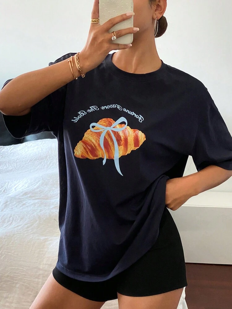 Graphic & Letter Print Loose Fit Round Neck Short Sleeve Casual Tee For Women, Summer Cute Tops Oversized T-Shirt,Back To School Clothes