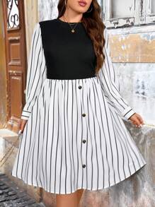 SHEIN LUNE Plus Size Women Patchwork Striped Casual Midi Dress - Multicolor - View 5
