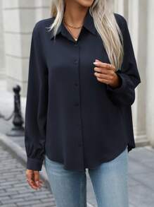 EMERY ROSE Women's Solid Color Casual Commuter Shirt With Turndown Collar, Front Placket, Back Pleats, Curved Hem, Long Sleeve Blouse, Suitable For Spring And Autumn Fall Cloth For Women - Navy Blue - View 4