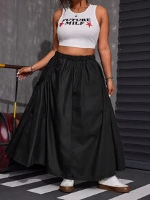 SHEIN ICON Plus Size Loose Plus Size Denim Peplum Midi Skirt - Black - View 1