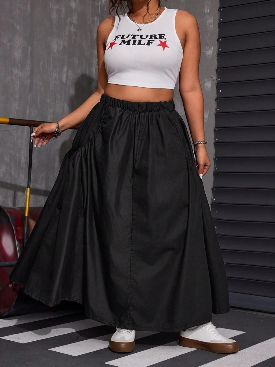 SHEIN ICON Plus Size Loose Plus Size Denim Peplum Midi Skirt - Black - View 1