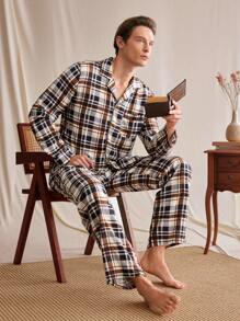 SHEIN EverLounge Heren 2-delige set geruite lange mouwen enkelrijs top en broek nachtkleding pak