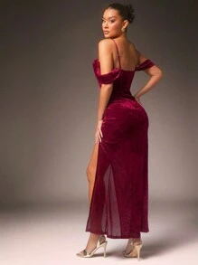 L'Amorae Women's Elegant Burgundy Velvet Off Shoulder Bustier Dress,Summer Pleated Split Hem Maxi Prom Gown For Dining,Wedding,Parties,Evening & Formal Events - Red - View 4