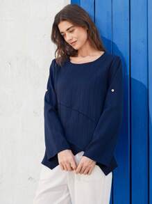 EMERY ROSE Women Round Neck Asymmetric Hem Shirt - Navy Blue - View 7