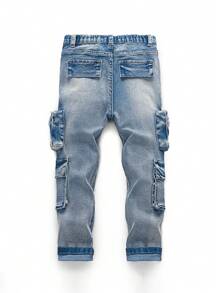 SHEIN Young Boy Street Cool Distressed Washed Cargo Pocket High Stretch Skinny Light Blue Jeans,For Kids Spring/Summer Clothes Rave Outfits Festival - Light Wash - View 3