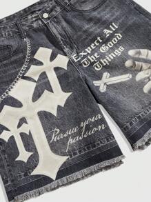 ROMWE MEN Street Life 男士垃圾朋克链条图案休闲牛仔短裤，日常穿着 - 黑色 - 查看 3