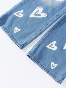 SHEIN Tween Girls Heart Print Washed Blue Straight Leg Jeans - Light Wash - View 2