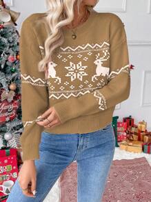 Chiquease Christmas Reindeer Graphic Drop Shoulder Knit Sweater