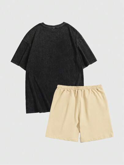 Goth Conjunto de camiseta casual de manga corta con estampado de letra y luna, y shorts con cordón para la cintura para hombres