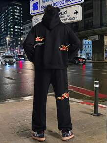 Manfinity VCAY Men's Letter Print Loose Knit Long Sleeve Hoodie Set, For Fall Winter - Black - View 3