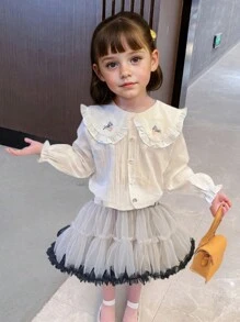 2pcs/Set Young Girl Front Button Long Sleeve Casual Top And Mini Skirt