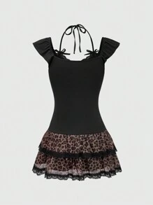 ROMWE Kawaii Vestido miniatura de 2 en 1 con estampado de leopardo y diseño de patchwork con volantes para Mujeres en estilo Hime Gyaru Y2K Shibuya Gal