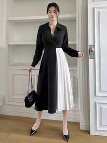 DAZY Contrast Color Pleated Panel Midi Dress For Women Shirt Dress,Fall Dress Long Sleeve Dress - Black - View 10