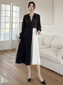 DAZY Contrast Color Pleated Panel Midi Dress For Women Shirt Dress,Fall Dress Long Sleeve Dress - Black - View 11